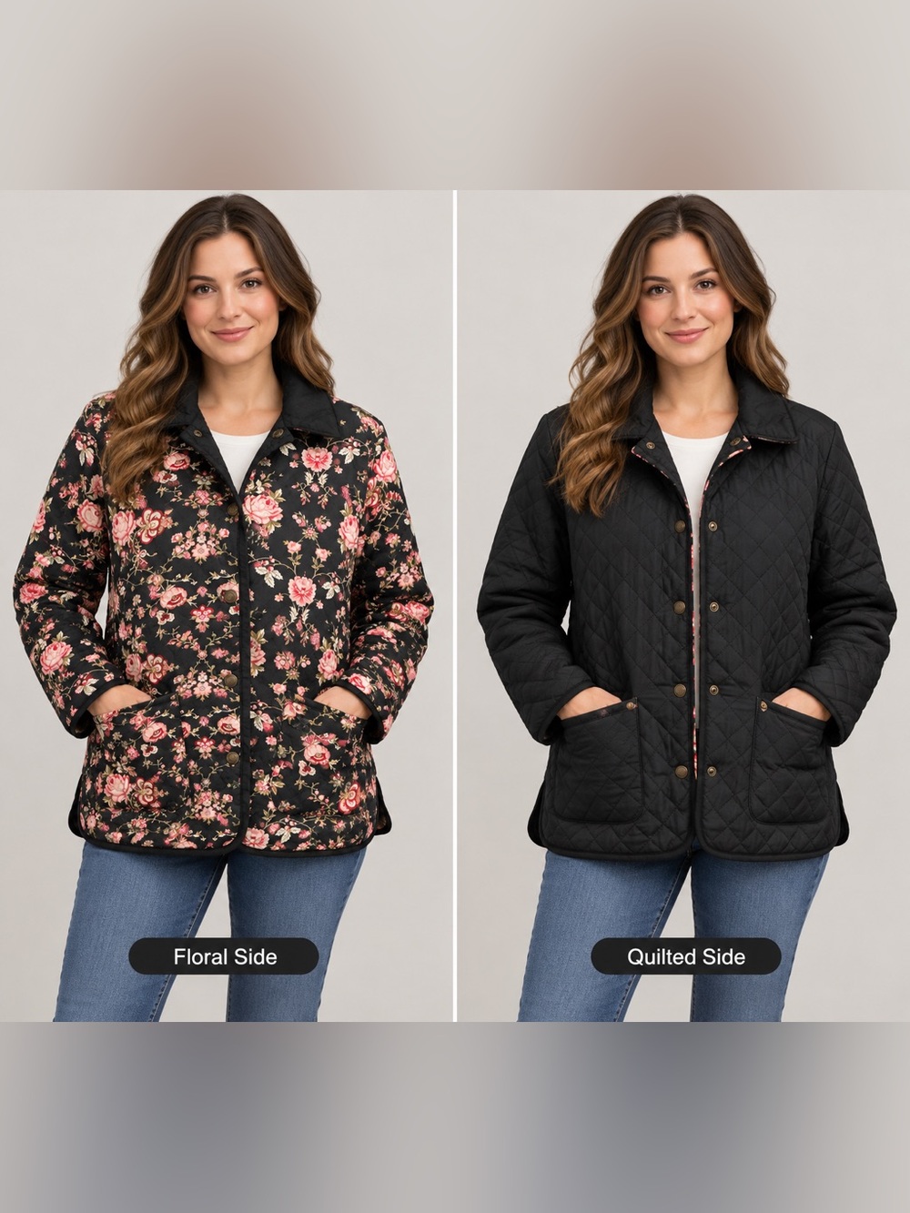 Reversible Floral Quilted Jacket in Black & Pink Like New Size M